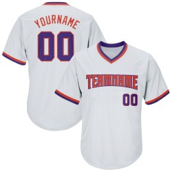 Maillot de baseball personnalisé en jersey blanc violet-orange, tricot côtelé authentique rétro