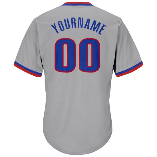 Maillot de baseball authentique en jersey gris côtelé rétro personnalisé, rouge-royal Maillot de baseball authentique en jersey gris côtelé rétro personnalisé, rouge-royal