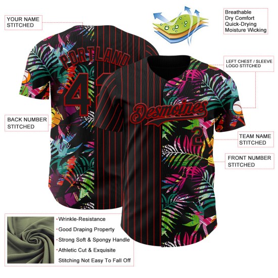 Maillot de baseball 3D motif palmier à rayures tropicales noires authentiques, motif feuilles personnalisées, rouge Maillot de baseball 3D motif palmier à rayures tropicales noires authentiques, motif feuilles personnalisées, rouge